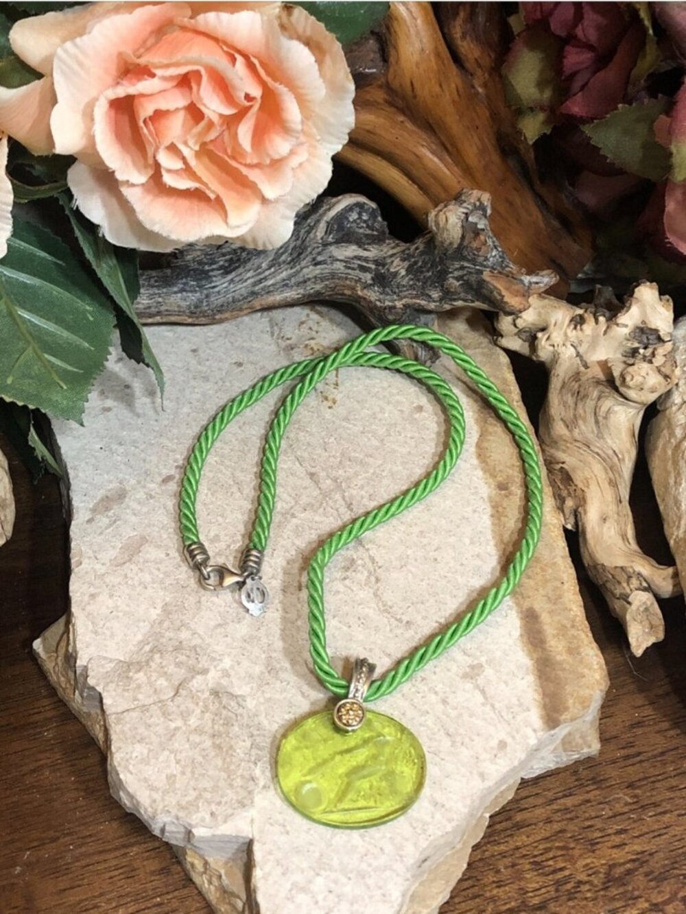 14K 925 Tagliamonte necklace with Apple green glass intaglio